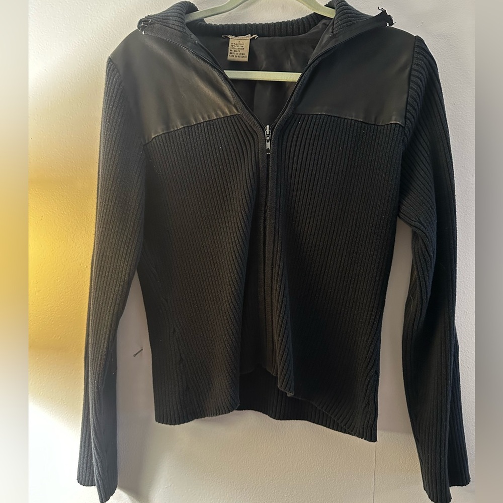 Zip up black sweater with leather size medium